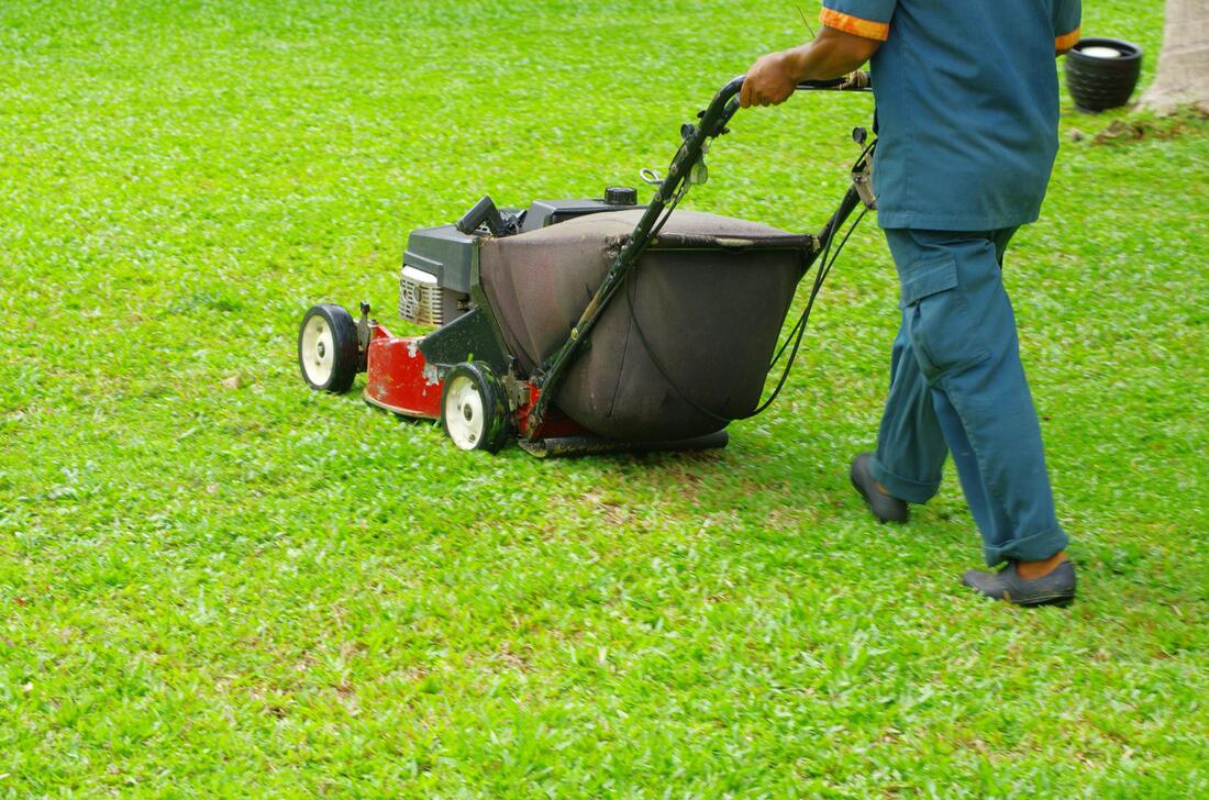 a man mowing a clients lawn in scottsdale, az