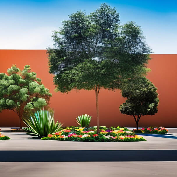 a rendering for a previous client of a exterior of a business that has been landscaped